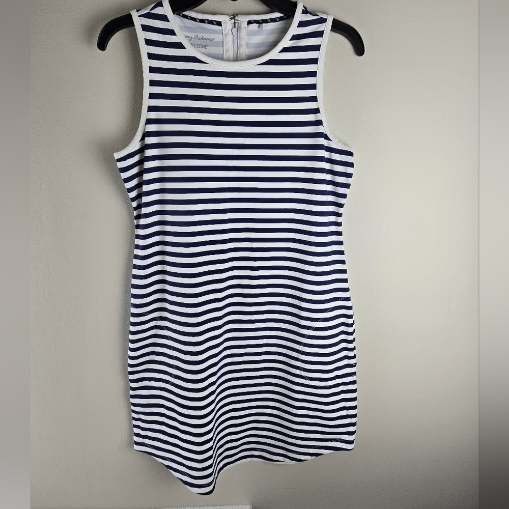 Tommy Bahama IslandZone Navy White‎ Striped Sleeveless Pocket Shift Dress Small